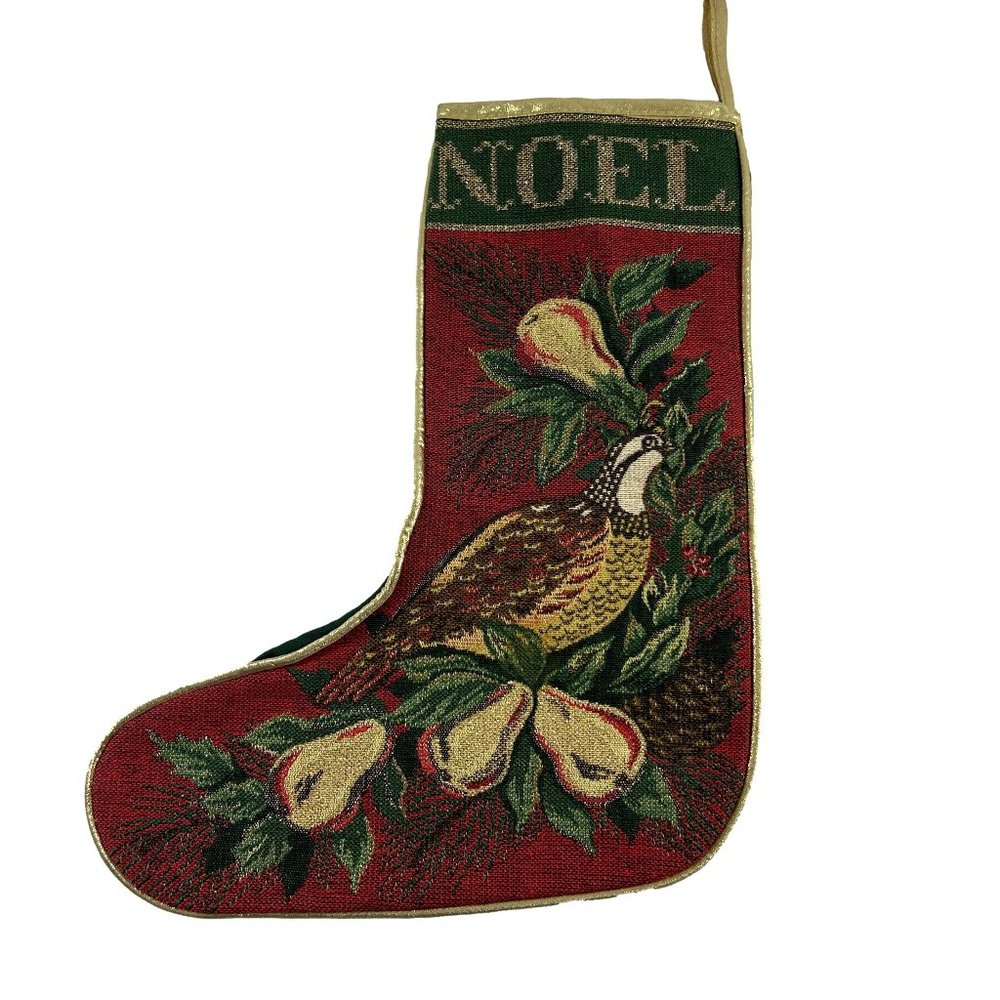 Partridge in a Pear Tree Christmas Stocking Tapestry Style Gold Tone Trim